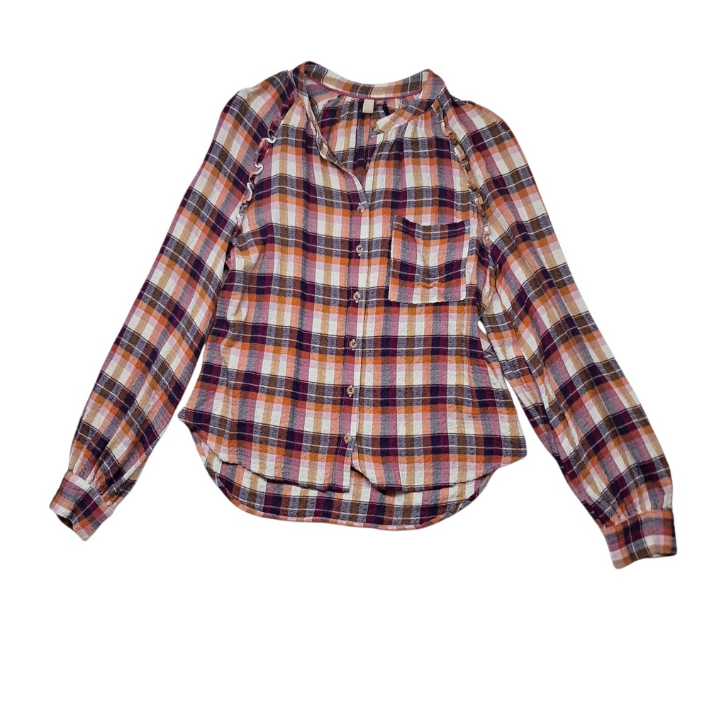 Anthropologie Pilcro Button Up Shirt Womens Small Orange Plaid Ruffle Fall